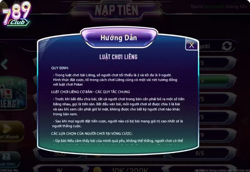 Luật chơi Liêng Online tại 789Club